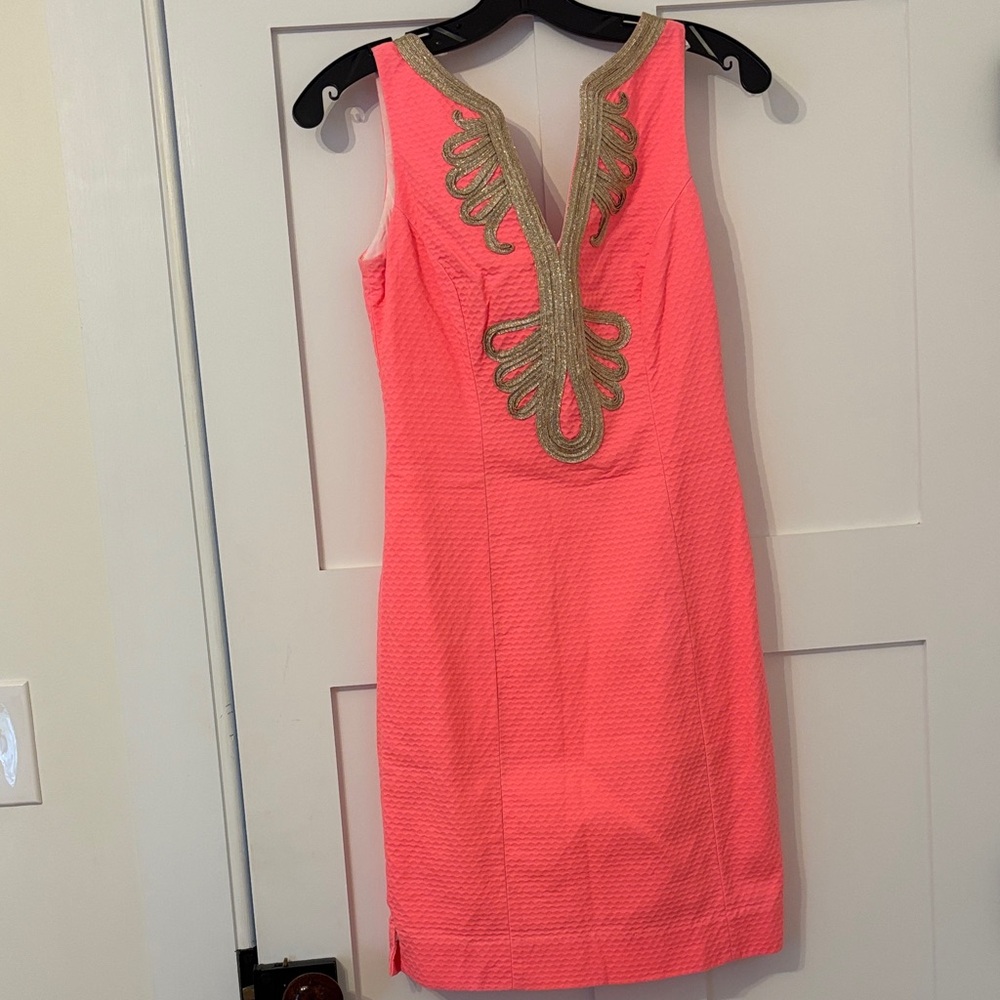 Lilly Pulitzer Neon Pink Gold Janice Shift Dress, Size 00